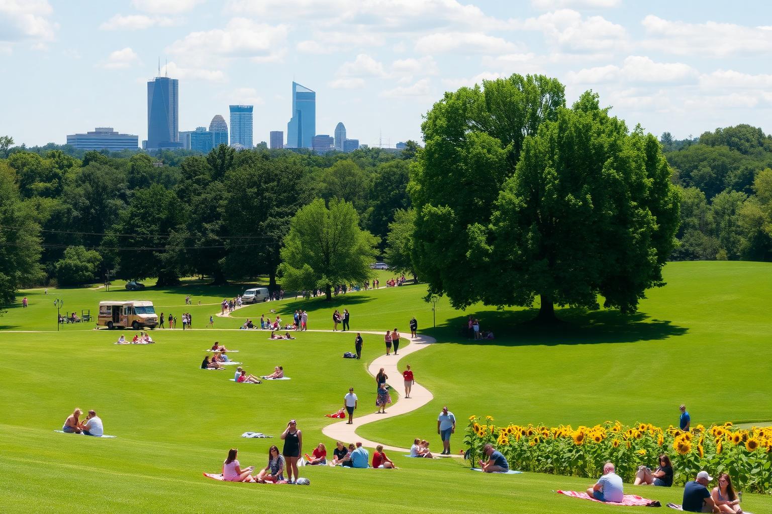 Families enjoying a sunny day at Dorothea Dix Park with the Raleigh skyline in the background