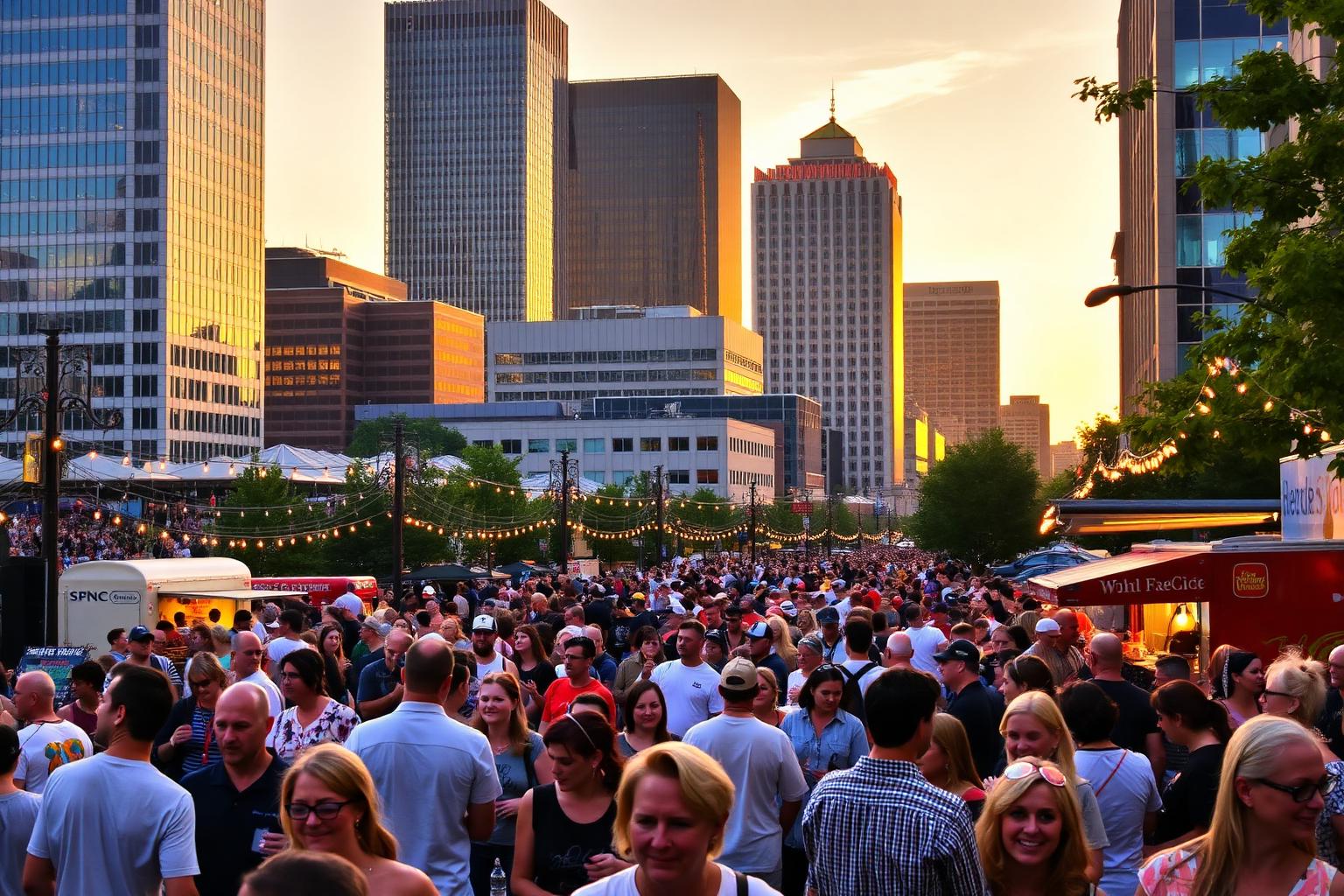 Crowds enjoying an evening street festival in downtown Raleigh, NC