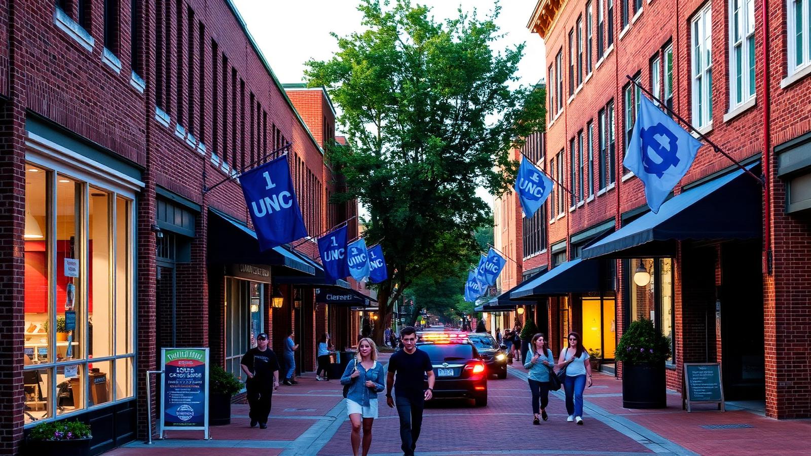 Franklin Street in downtown Chapel Hill, lined with Carolina blue UNC banners