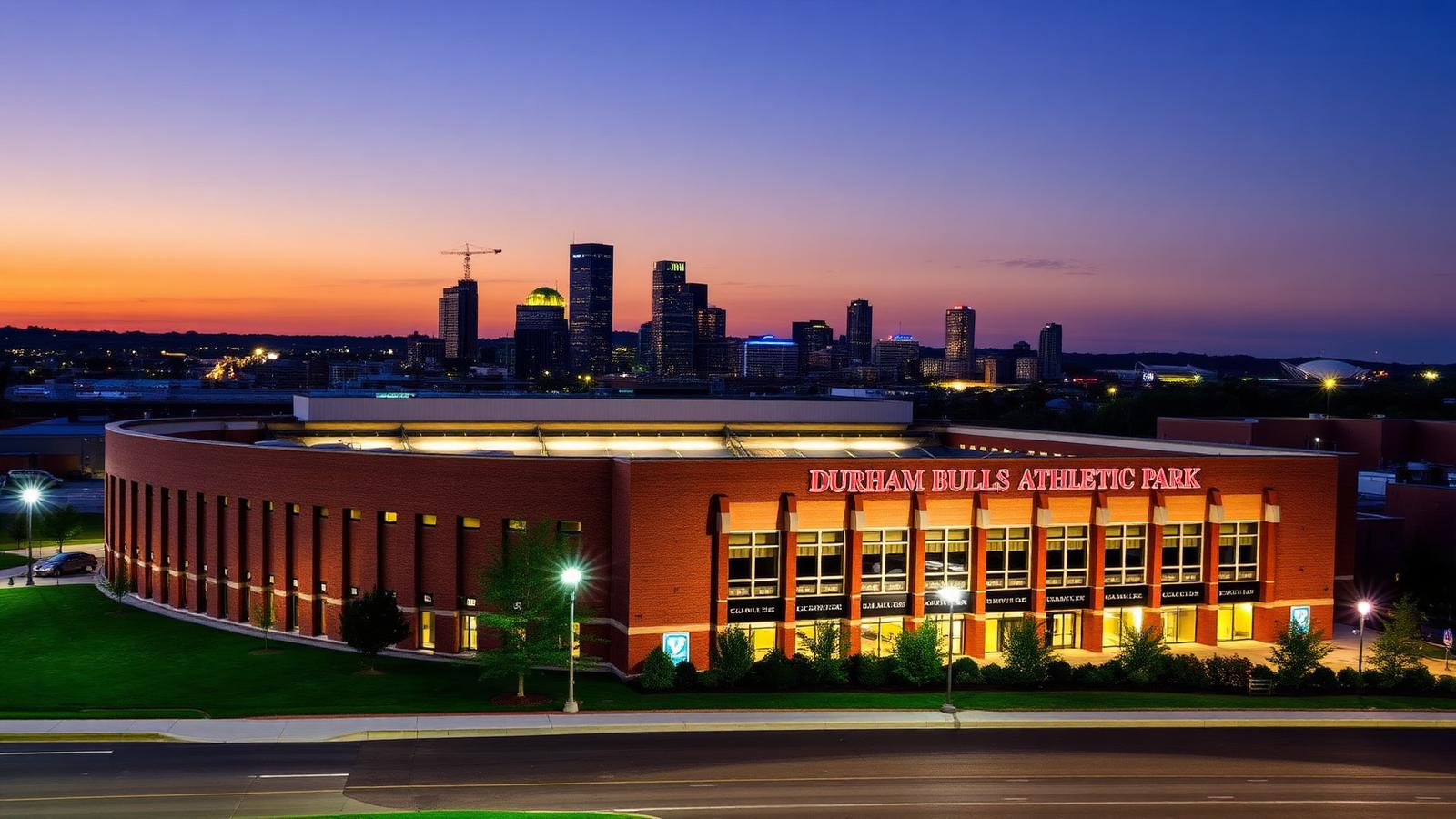 Durham Bulls Athletic Park at dusk with the downtown skyline
