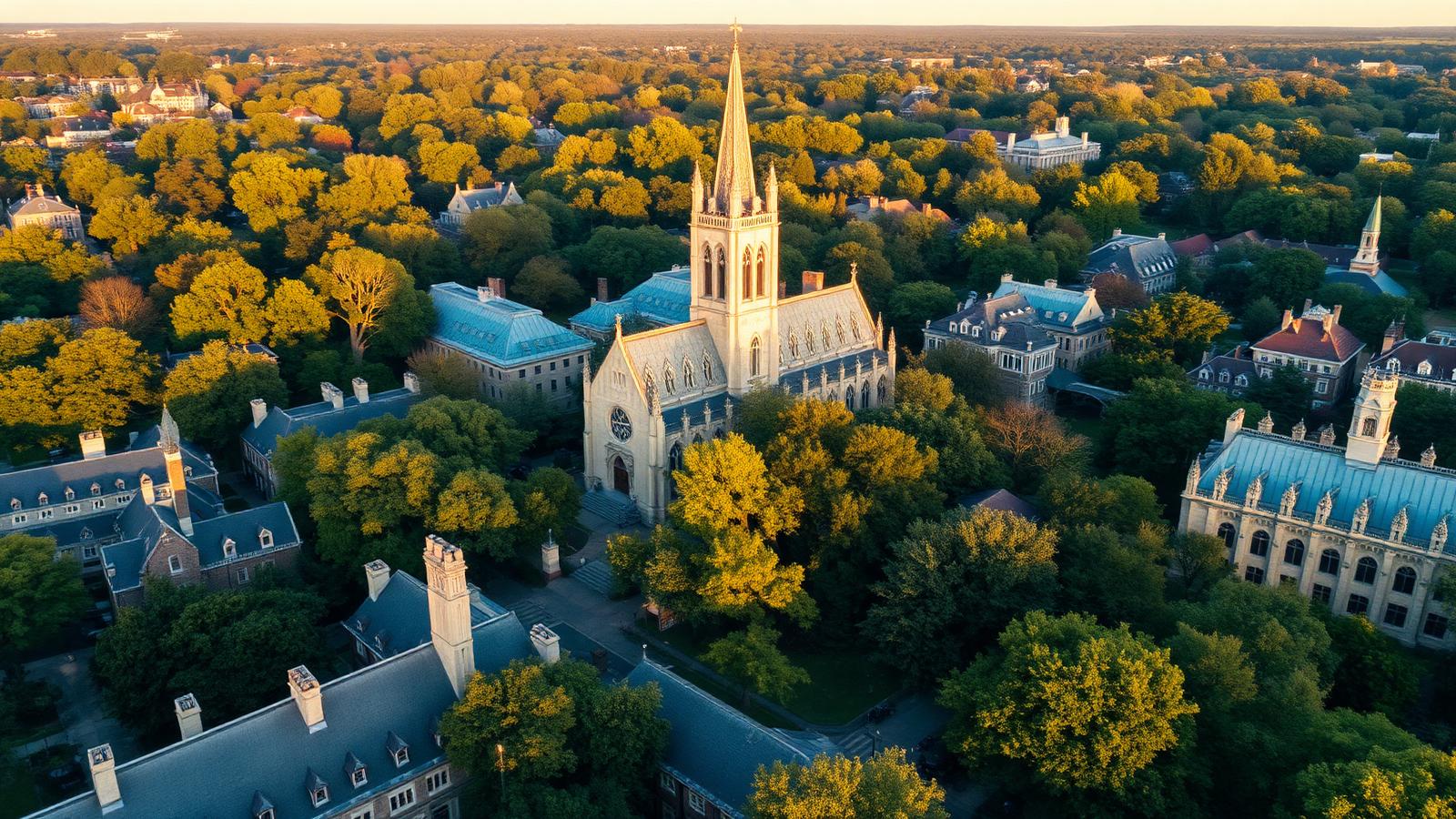Duke University Chapel rising above Duke Forest