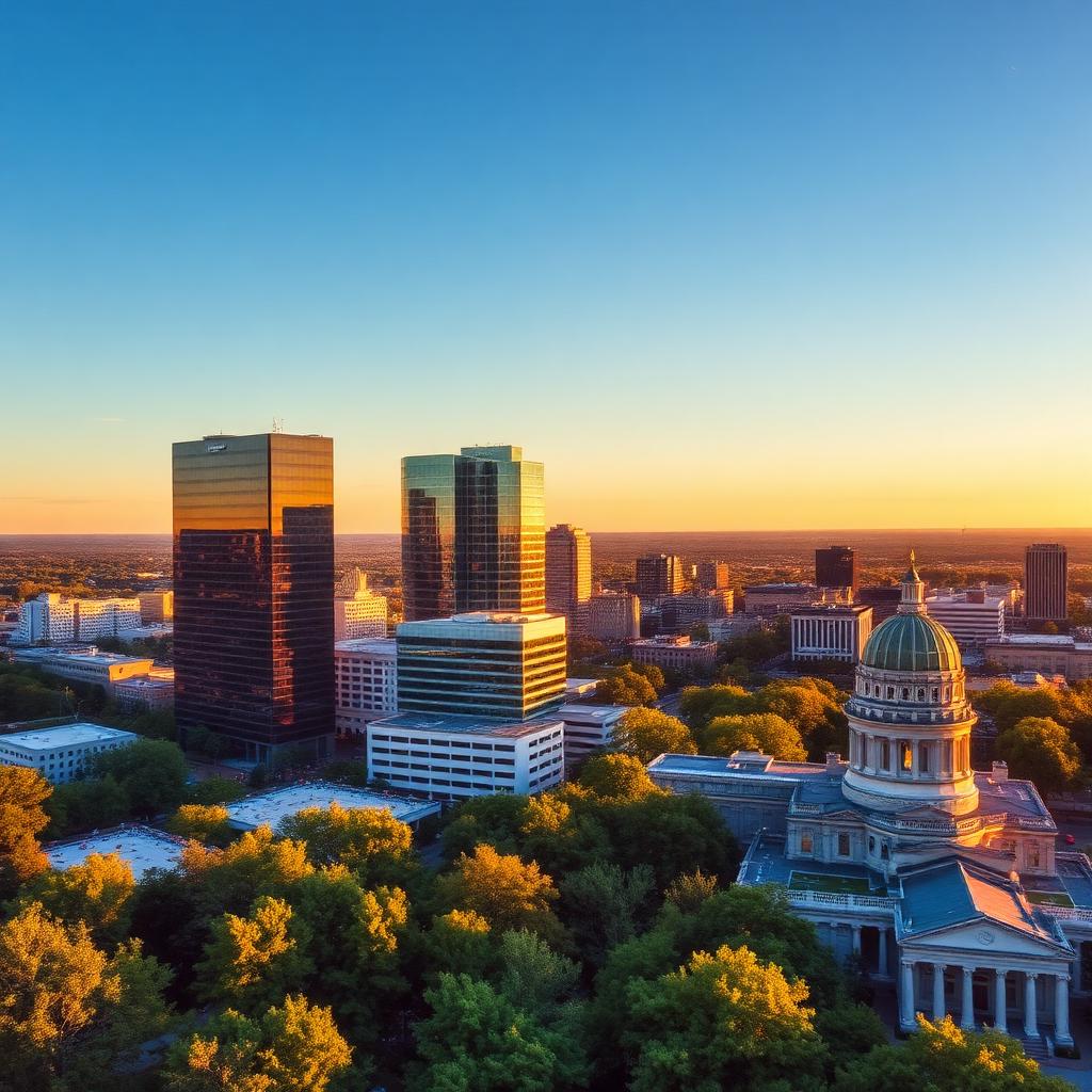 Aerial view of downtown Raleigh skyline with the NC State Capitol